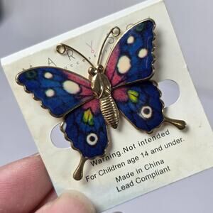 Vintage Brooch Butterfly Colorful Purple White Blue Black Resin Gold Tone